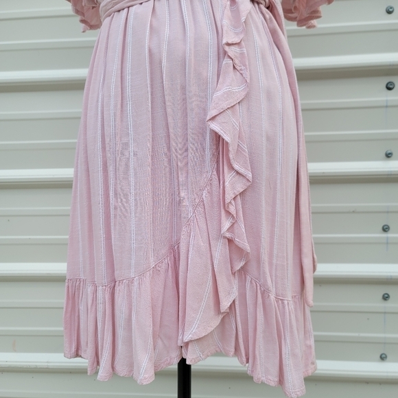 LC Lauren Conrad Belted Flutter Short Sleeve V Neck Pink Striped Dress XS - Picture 11 of 14